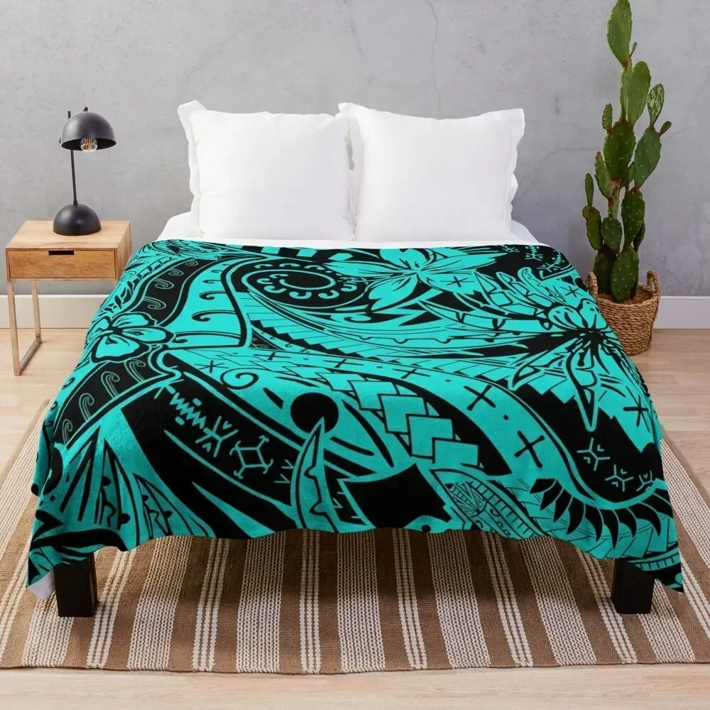 

Polynesian Tribal Teal Collection Throw Blanket Stylish Couch Blanket for Home Living Room
