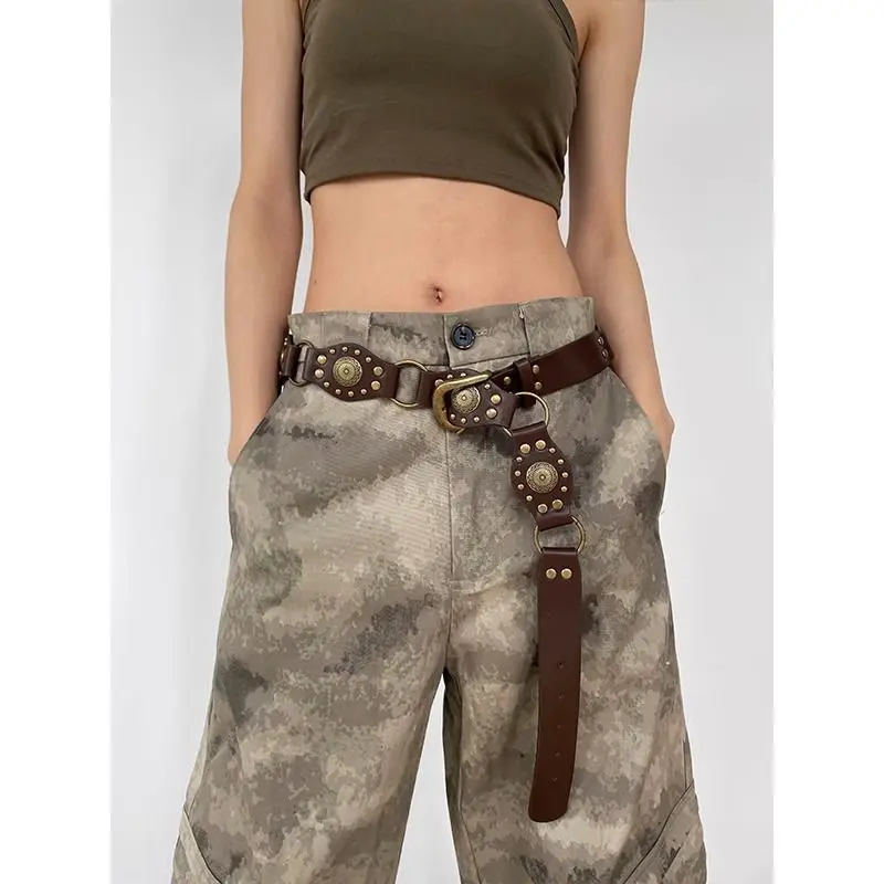 

American retro women's belt spicy western style vintage versatile and handsome buckle belt bohemian rivet ins belt