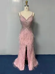 Luxury Dubai Feather Mermaid Evening Dresses Women Pink Spaghetti Straps Sparkly Beaded Long Slit Prom Arabic Formal Party Gowns