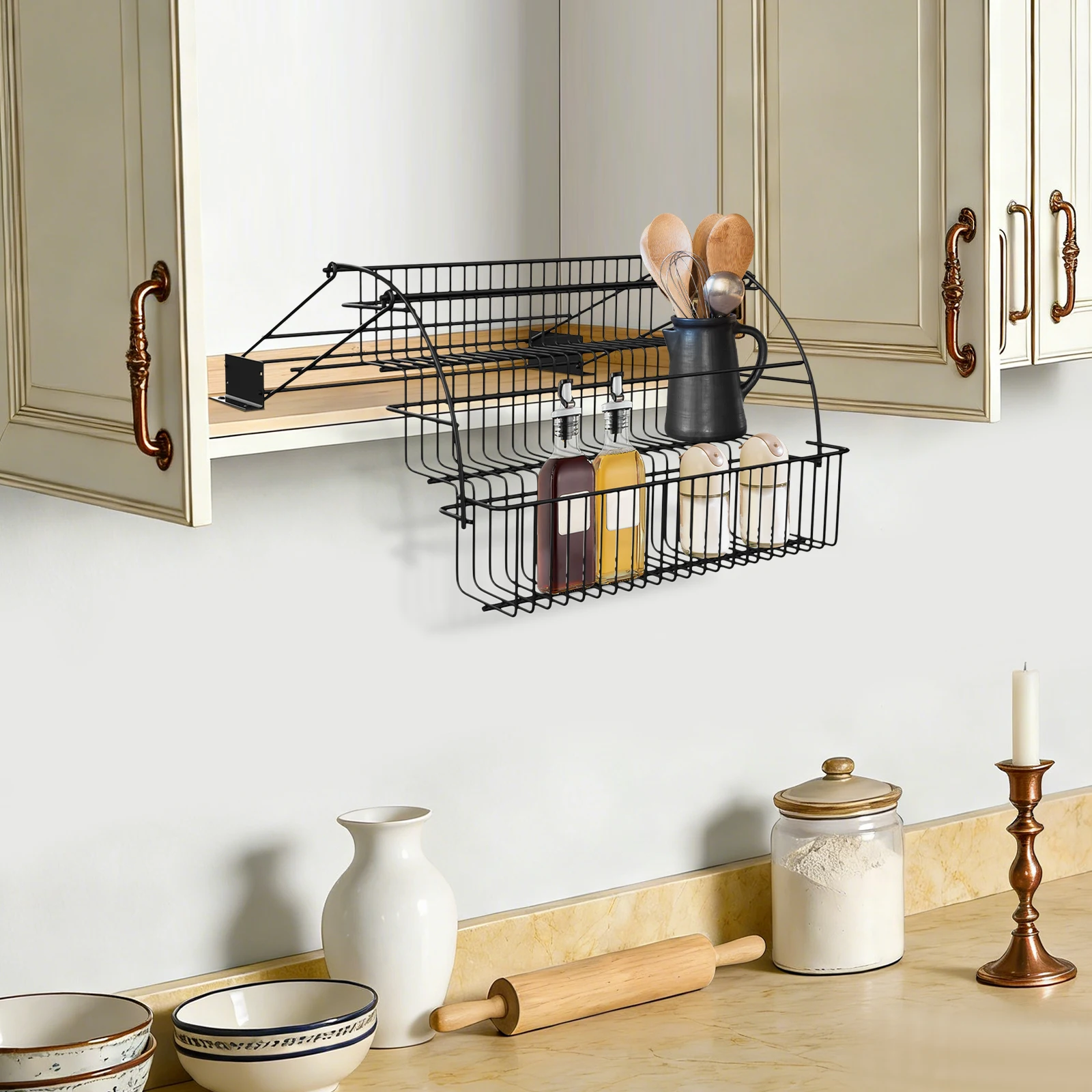

Трехуровневая кухонная полка для хранения, подвесная полка для специй, выдвижная железная полка для кухни, спальни, офиса