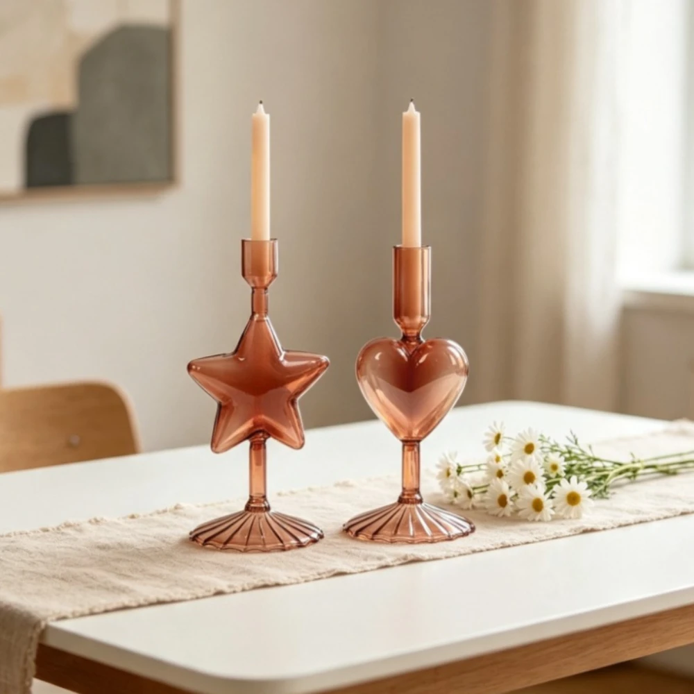 Nordic Style Glass Taper Candle Holder Heart Star Design Candlestick Romantic Valentines Dining Table Decor Home Aesthetic