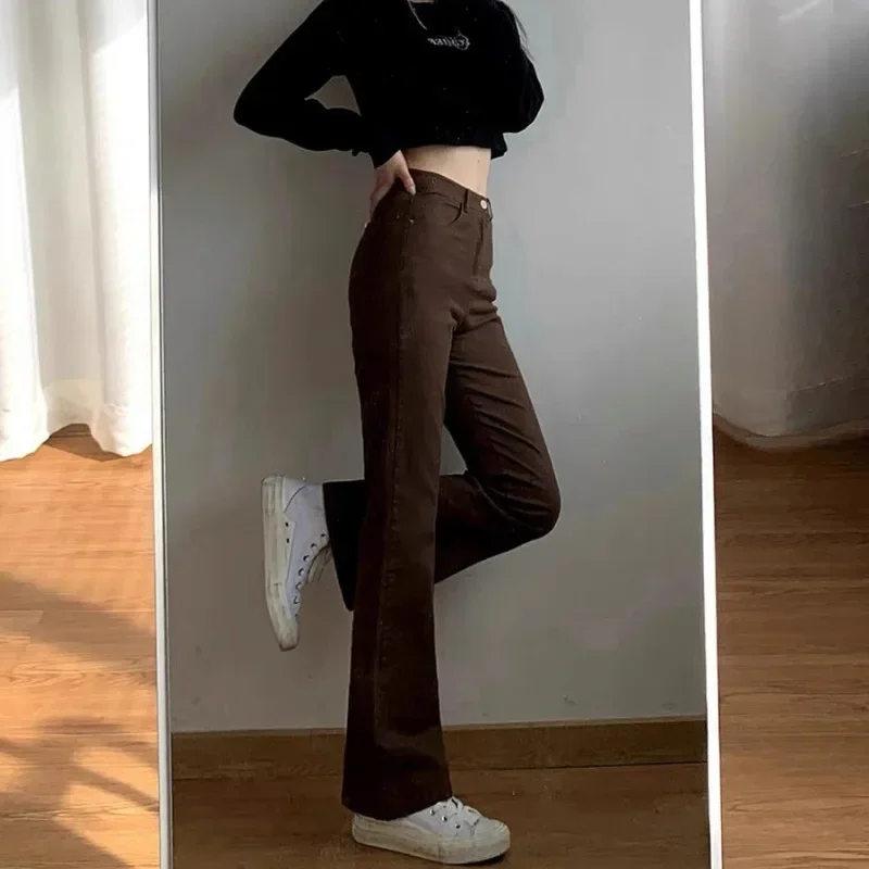 

New Style American Women's Jeans Brown Color Wide Leg High-waisted Slimming Micro-flared Straight Leg Pants For Students
