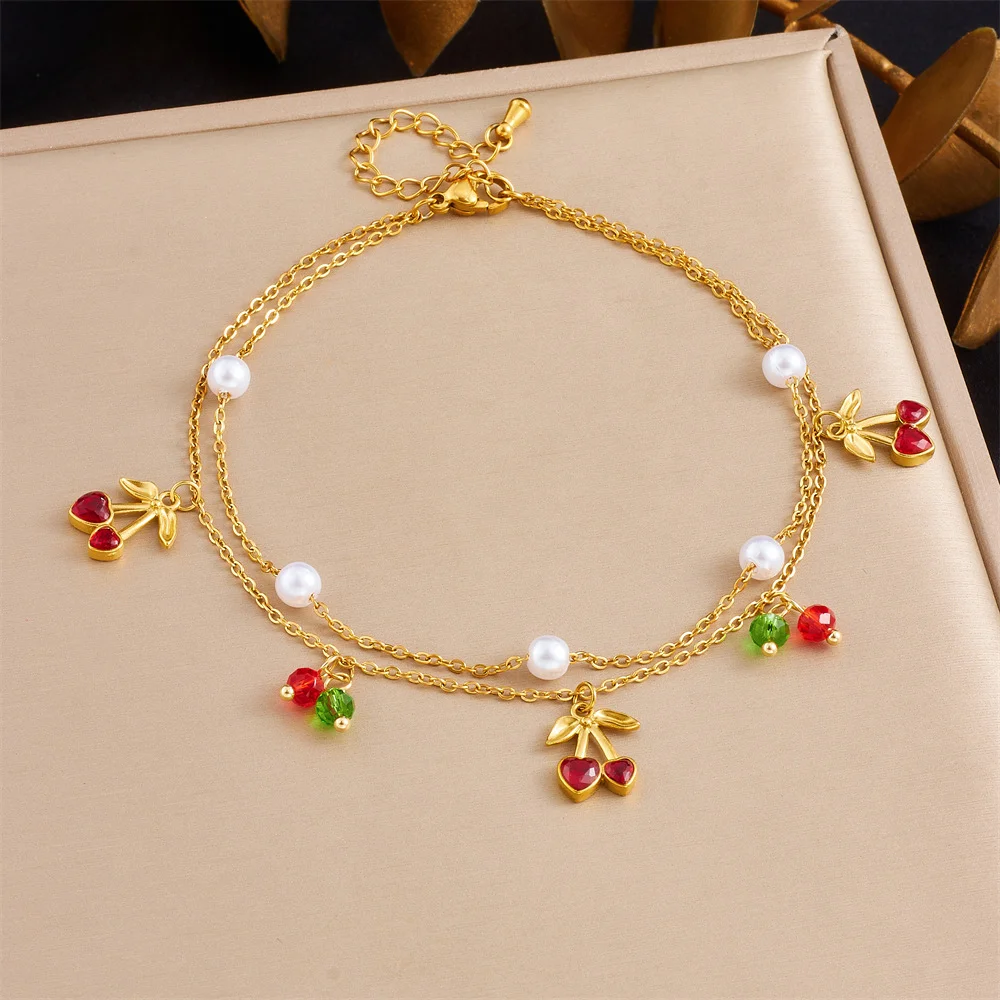 

18K Gold Plated Cherry Charm Bracelet, Double Layer with Pearls & Crystal Accents, Adjustable Stainless Steel Jewelry