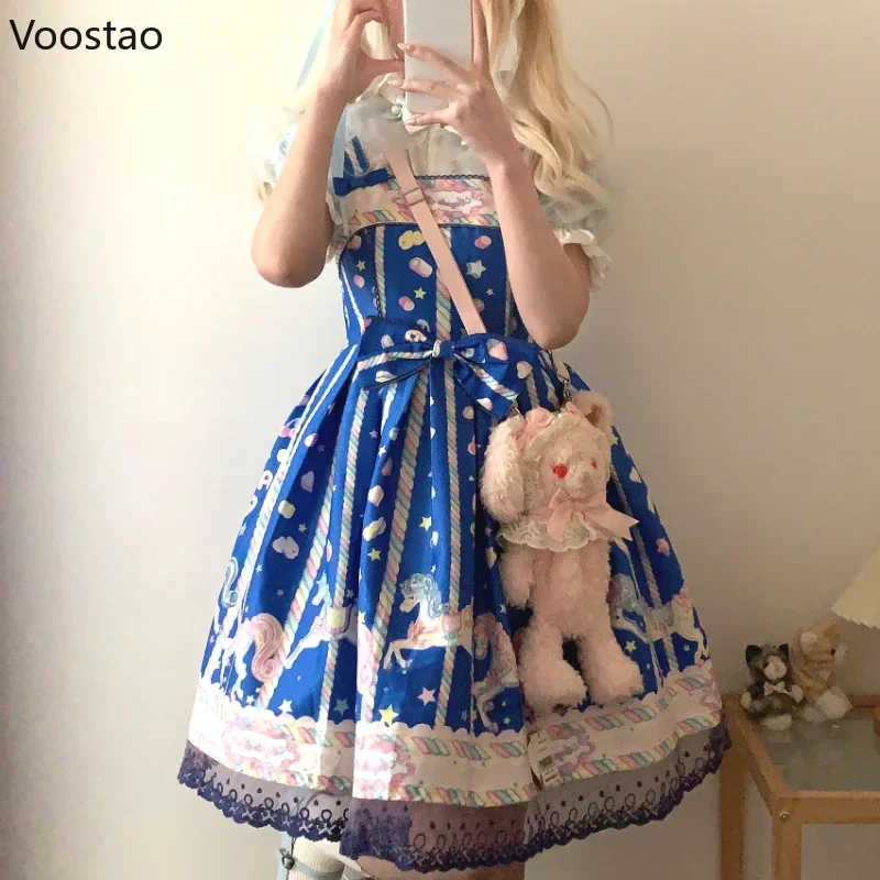 Japanese Sweet Lolita Jsk Dress Women Vintage Cute Sugar Horse Print Bow Party Dresses Girls Kawaii Blue Sleeveless Mini Dress