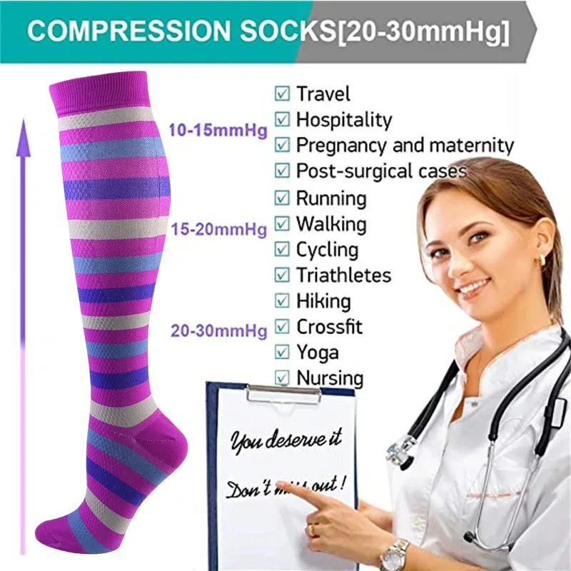 Compression Socks 20-30mmhg Striped Animal Long Tube Socks Varicose Veins Anti Fatigue Men Women Outdoor Rugby Bike Sports Socks