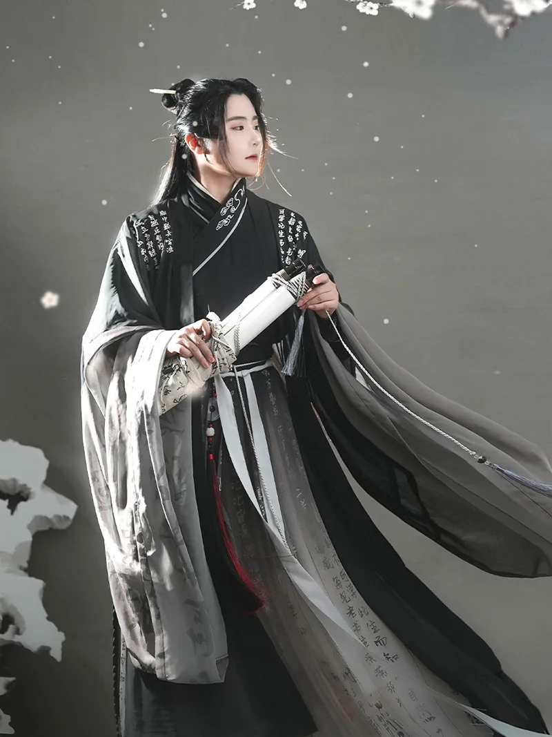 Hanfu traditionnel chinois pour hommes, robe noire dégradée d'encre, costume de cosplay masculin, robe respirante Hanfu pour hommes, grande taille 3XL