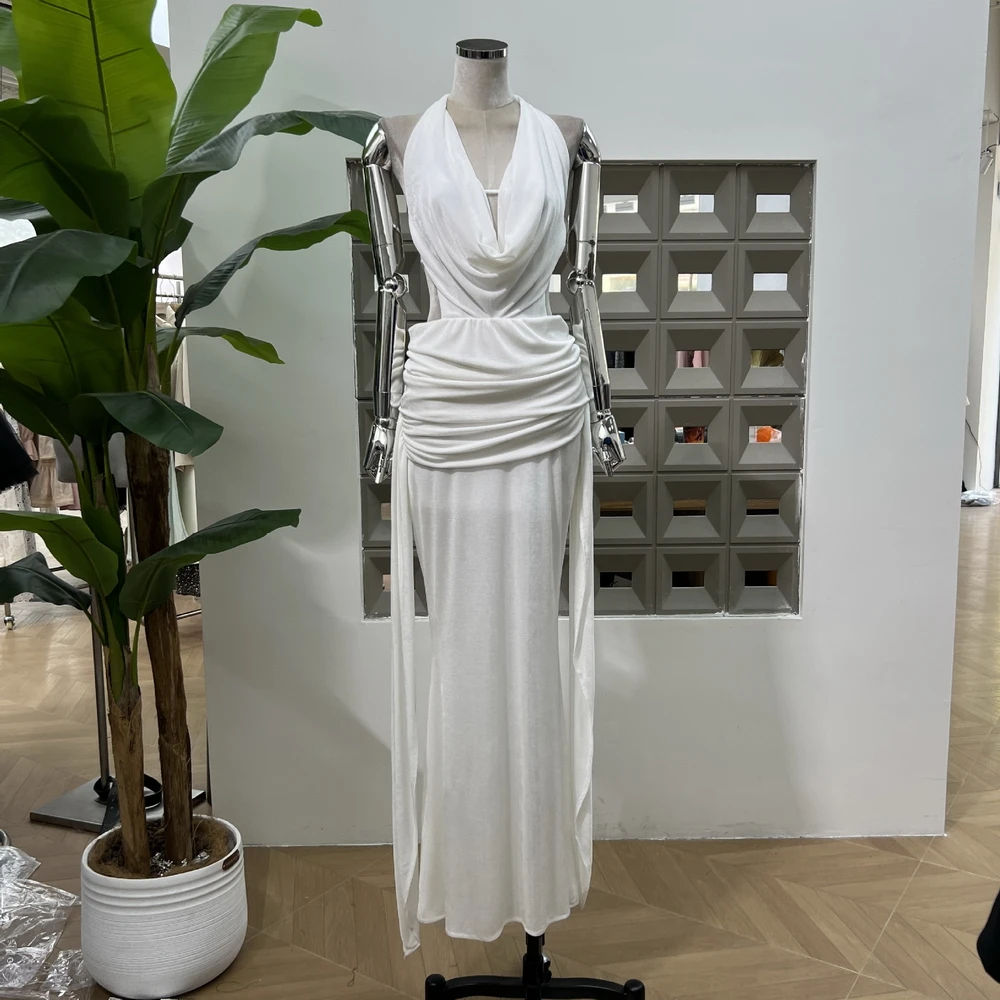 

Solid Spliced Backless Bodycon Dresses for Women Halter Neck Sleeveless Patchwork Sheer Sexy Folds Evening Midi Dress Female
