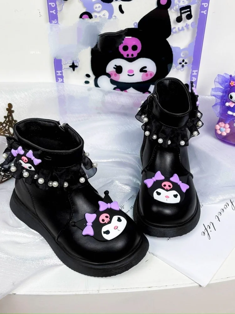 

Sanrio Kids Princess Shoes Cute Kuromi Soft Sole Girls Leather cotton Boots Comfort Non-slip Autumn Winter Children Short Boots