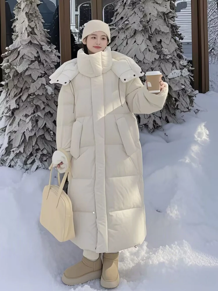 Doudoune longue en canard pour femme, Parka décontractée, Manteau à capuche chaud épaissi, Nouveau design coréen, Hiver, 2024