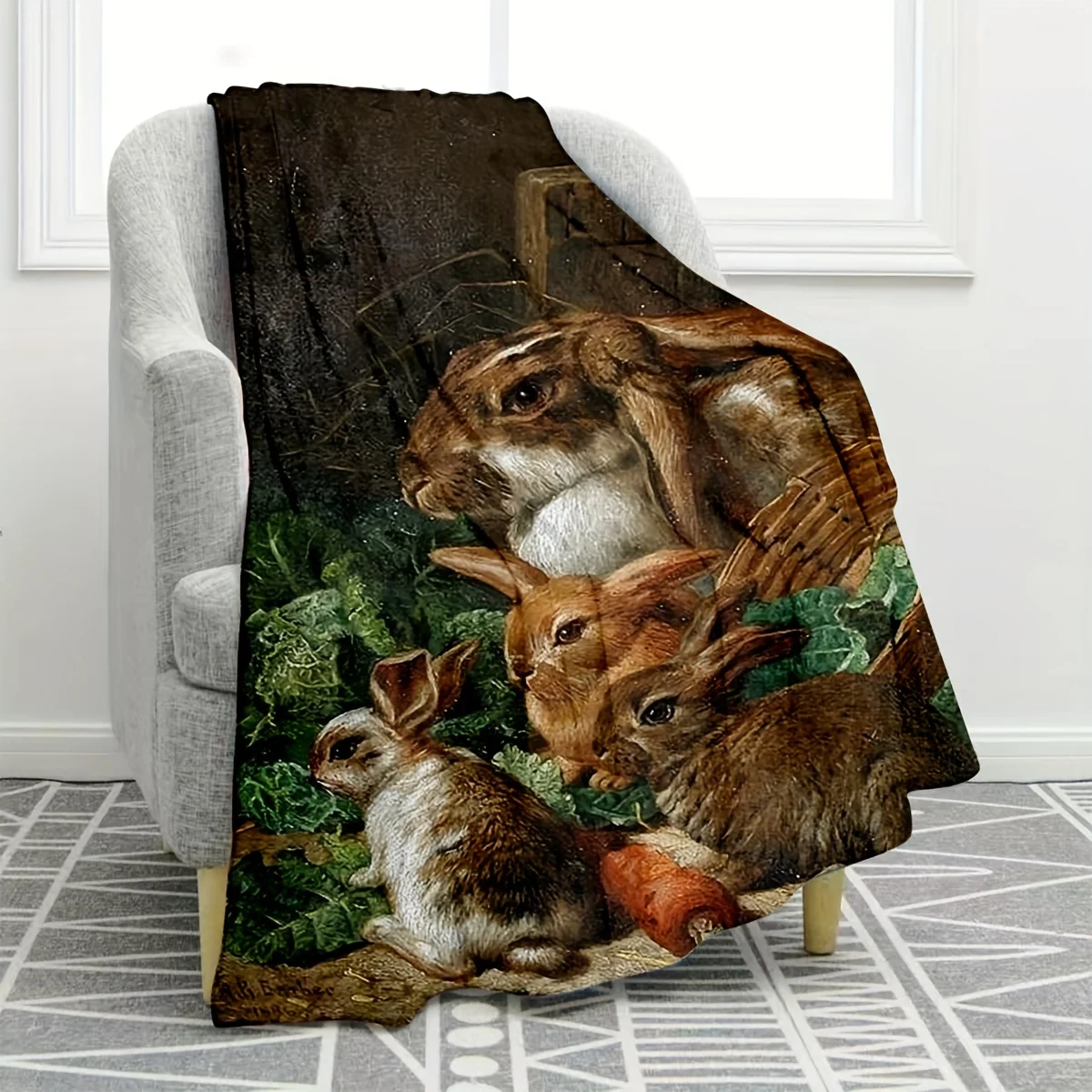 1pc Art Rabbit Print Blanket, Personalized Flannel Blanket, Soft Warm Throw Blanket Nap Blanket For Couch Sofa Office Bed Campin