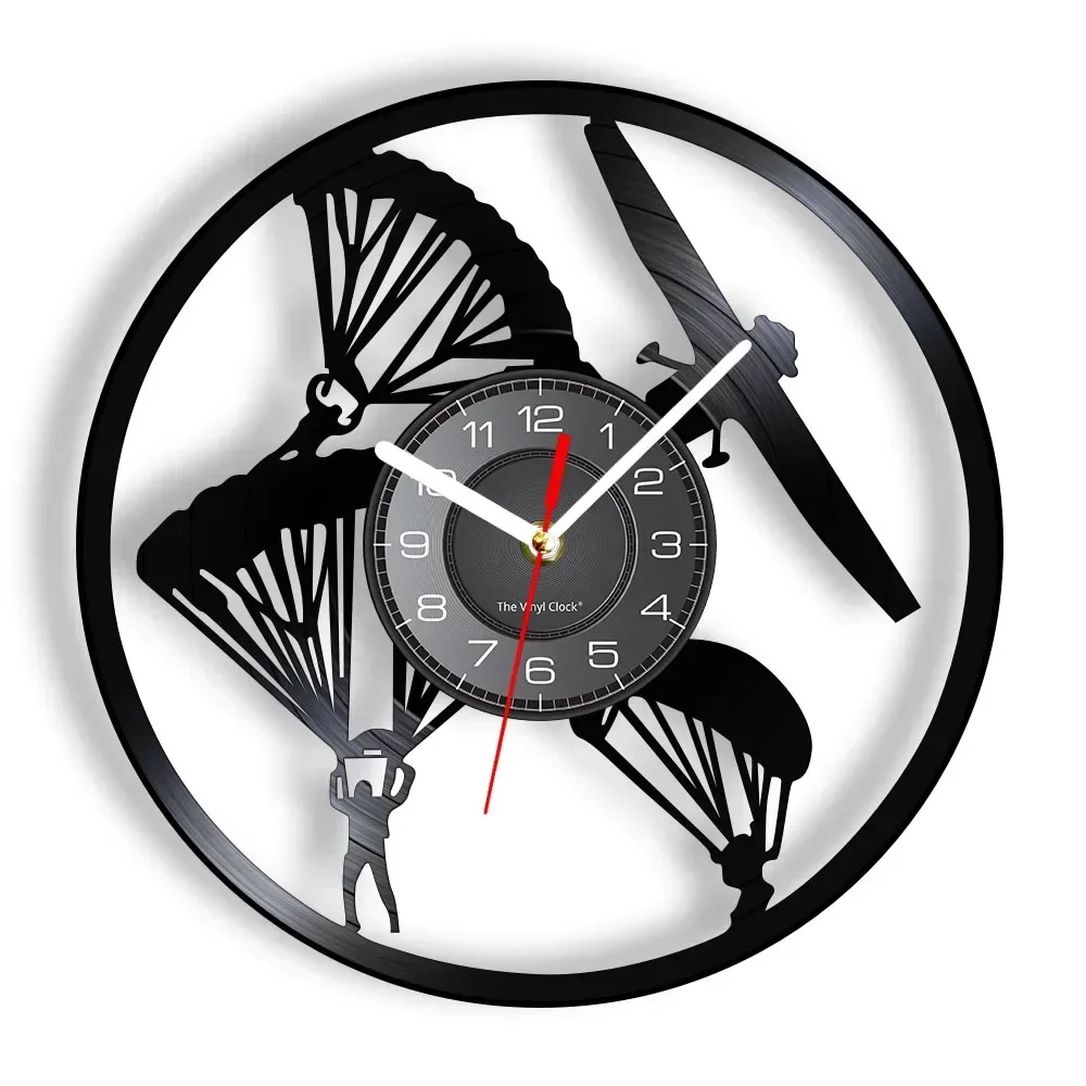 Skydiving Sports Wall Clock Made of Real Vinyl Record Plane Helicopter Pilot Parachuting LED Backlight Modern Wall Watch Crafts