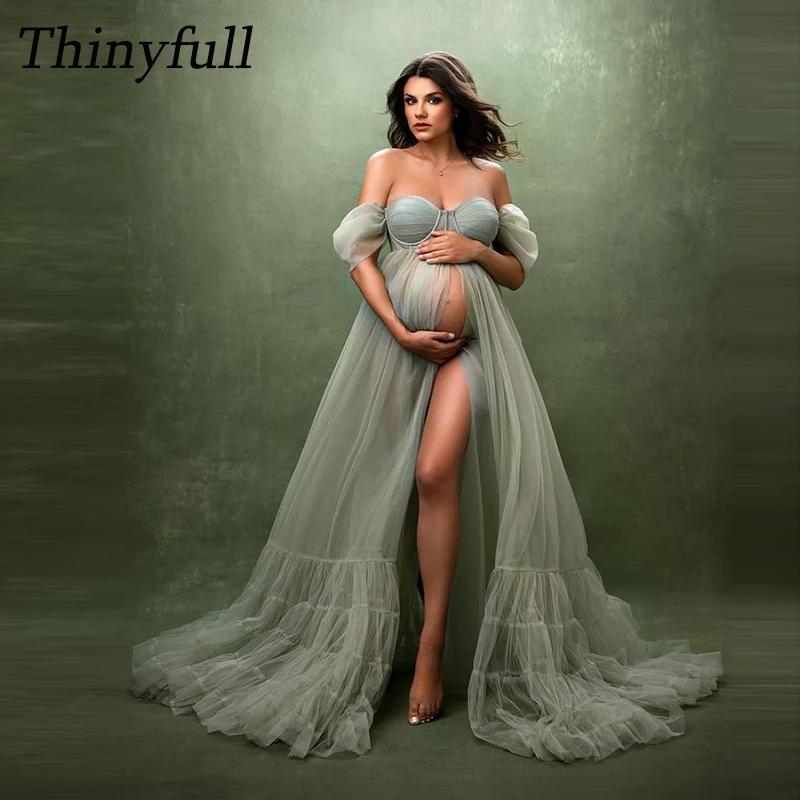 

Thinyfull A-line Prom Pregnant Woman's Dress Sweetheart Off Shoulder Tulle Maternity Gowns Split Long Prom Gowns Customized