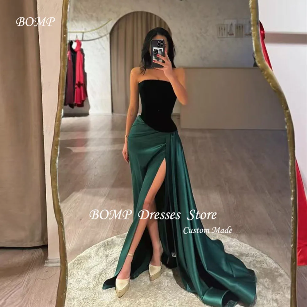 

BOMP Sexy Strapless Black And Green Mermaid Evening Dresses High Slit Sexy Party Dress Prom Gowns Vestidos Customized