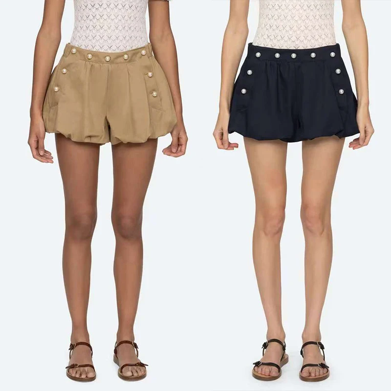 

Faionable Pearl Button Elastic Waist Pure Color Bubble orts Early Autumn New Arrival Women's Set round Ne ort Sve