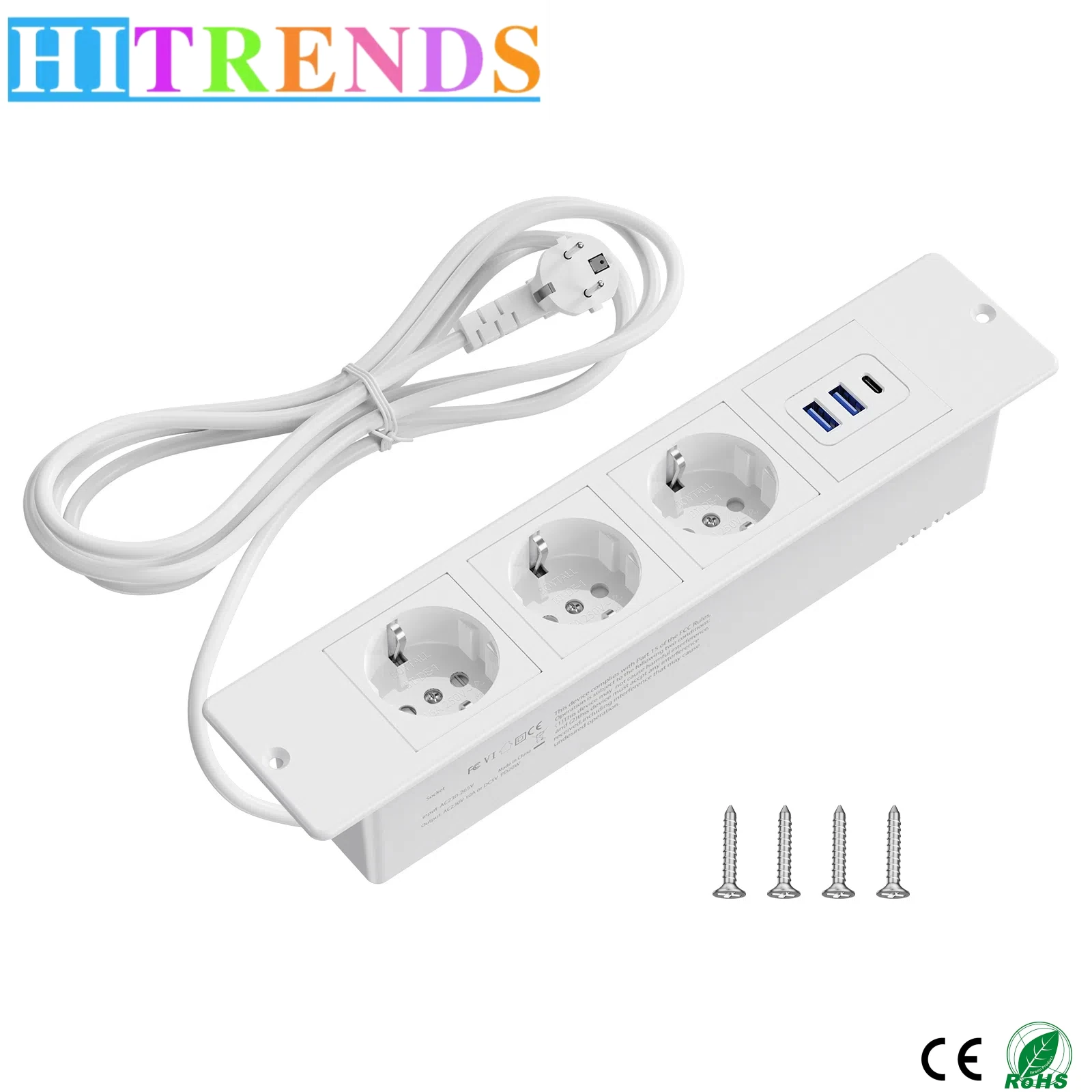 Eu plug Desktop built-in power board 2 USB A and 1 Type-C charging port Power adapter 2M extension cable Hidden socket PD20W