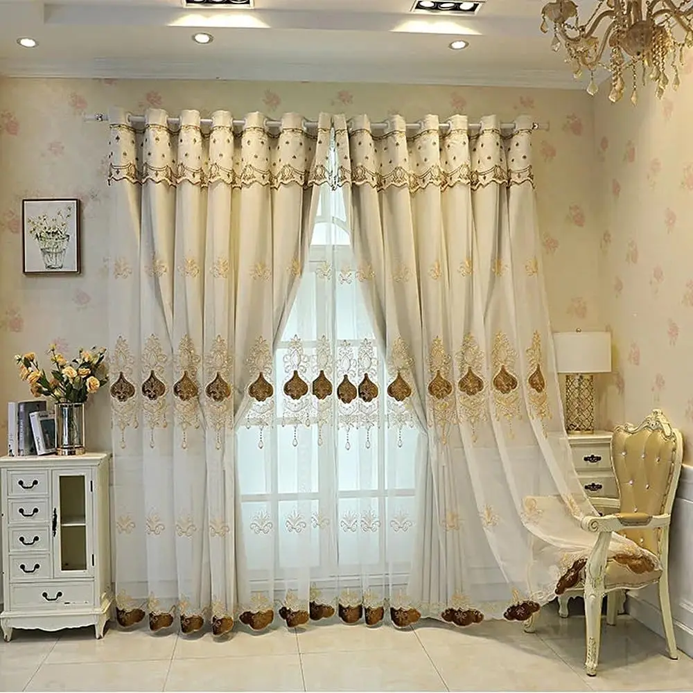 1 Panel 160cm Width Luxury European Curtain Attached Valance Double Layer Curtain for Living Room Bedroom Embroidered Curtain