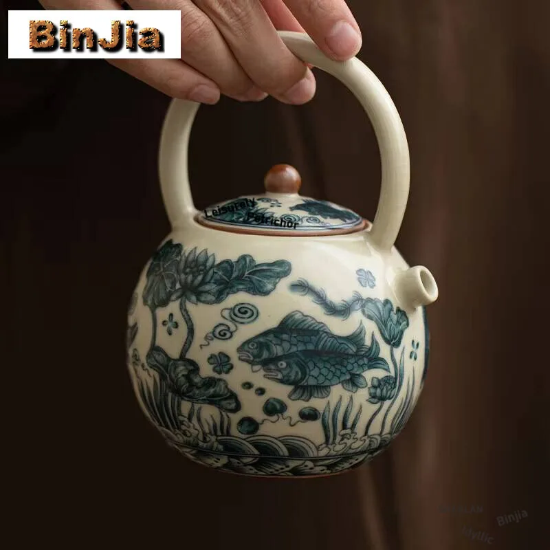 260ml Imitation Song Ru Kiln Teapot Retro Fish And Algae Pattern Lifting Beam Pot Tea Soaking Kettle Services Collection Craft