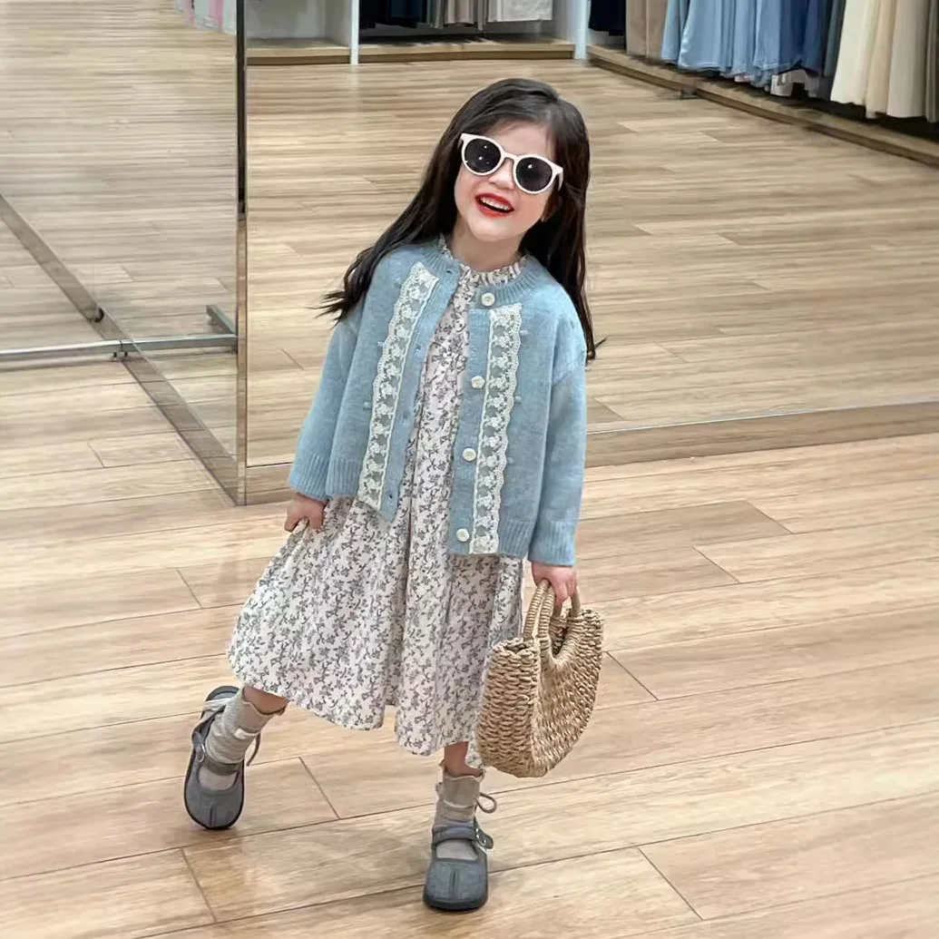 Girls' Sweater 2025 Autumn Style Stylish Lace Water Blue  Children Cardigan Jacket Sweater