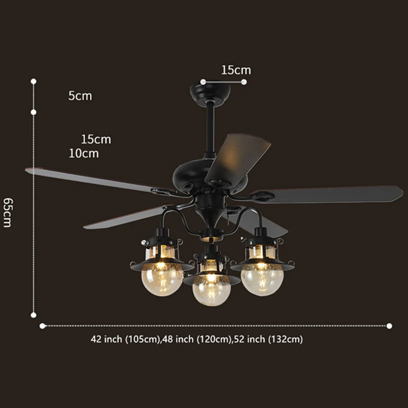 Imagem -05 - Ventilador de Teto com Lâmpada para Quarto Lâmpada Candelabro Remoto Lustres Ferro Lâminas de Madeira Abajur de Vidro 220v E27