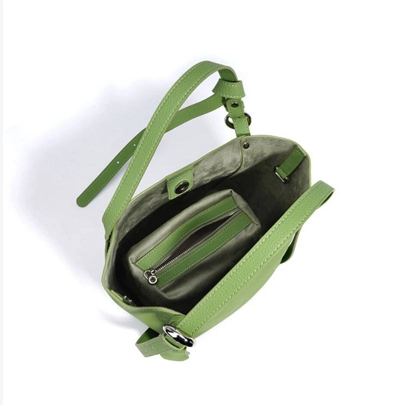 Bucket Bags for Women Fashion Handbag Cowhide Shoulder Bag with Inside Pocket Adjustable Strap Genuine Leather Lady Commuter
