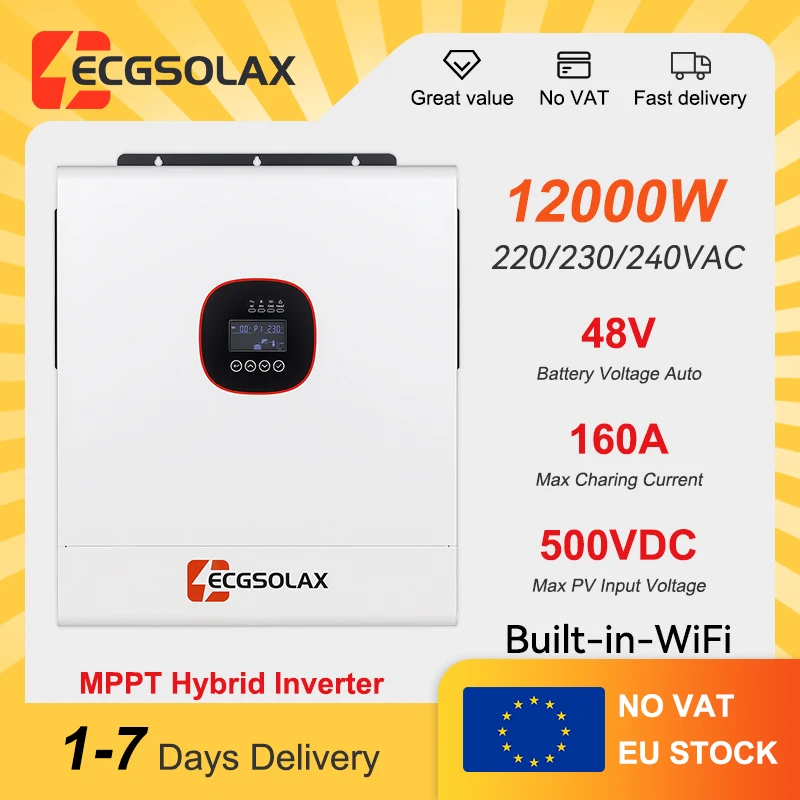ECGSOLAX 12KW 48V Onduleur Solaire Hybride 160A MPPT Onduleur Solaire PV à Onde Sinusoïdale Pure Max 500V 48V 230Vac