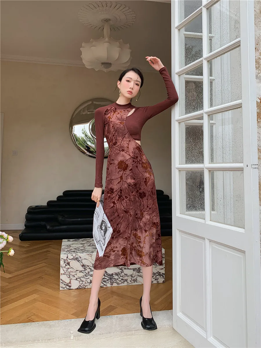 CHEERART Flocking Vintage Bodycon Long Dresses For Women 2023 Brown Long Sleeve A Line Evening Midi Ladies New In Dresses