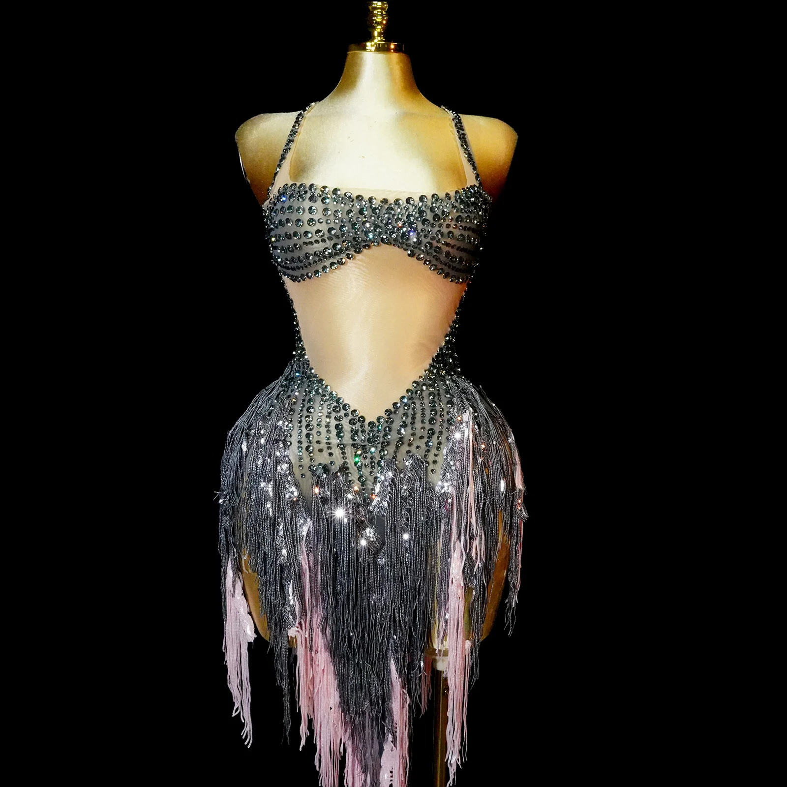 

New Black Tassel Latin Dance Dress Rhinestone Mesh Perspective Skirt Birthday Party Nightclub Drag Queen Stage Outfit Performace