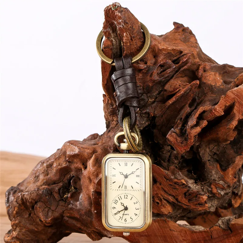 Old Fashion Dual Time Zone Clock Rectangle Shape Men Women Quartz Analog Pocket Watch Pendant Key Ring Timepiece Gift