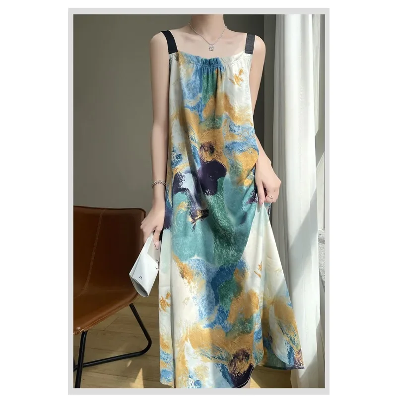 2025 여름 하이 웨스트 여성 새틴 드레스 백리스 롱 드레스 a 라인 아이스 실크 슬래시 넥 민소매 레이디 가운 섹시한 프린트 드레스