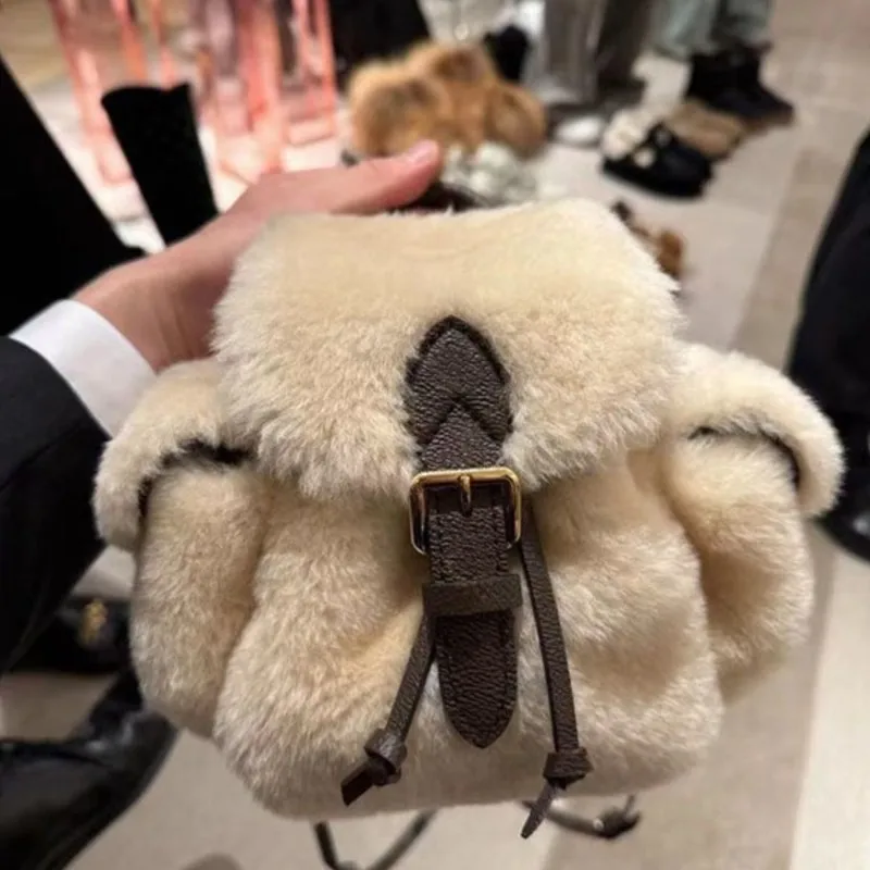 

Retro Plush Backpack Women Japanese Style Leather Buttons Compact Cute Knapsack Ladies Fashion Commute Mochilas Mujer