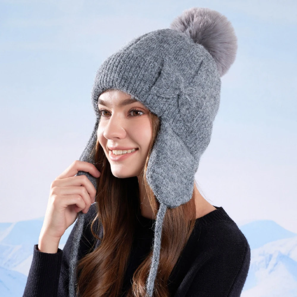 

HT4879 New Winter Hats for Women Elegant Bow Skullies Beanies Knitted Snow Ski Earflap Cap Ladies Pompoms Beanie Hat Female Caps