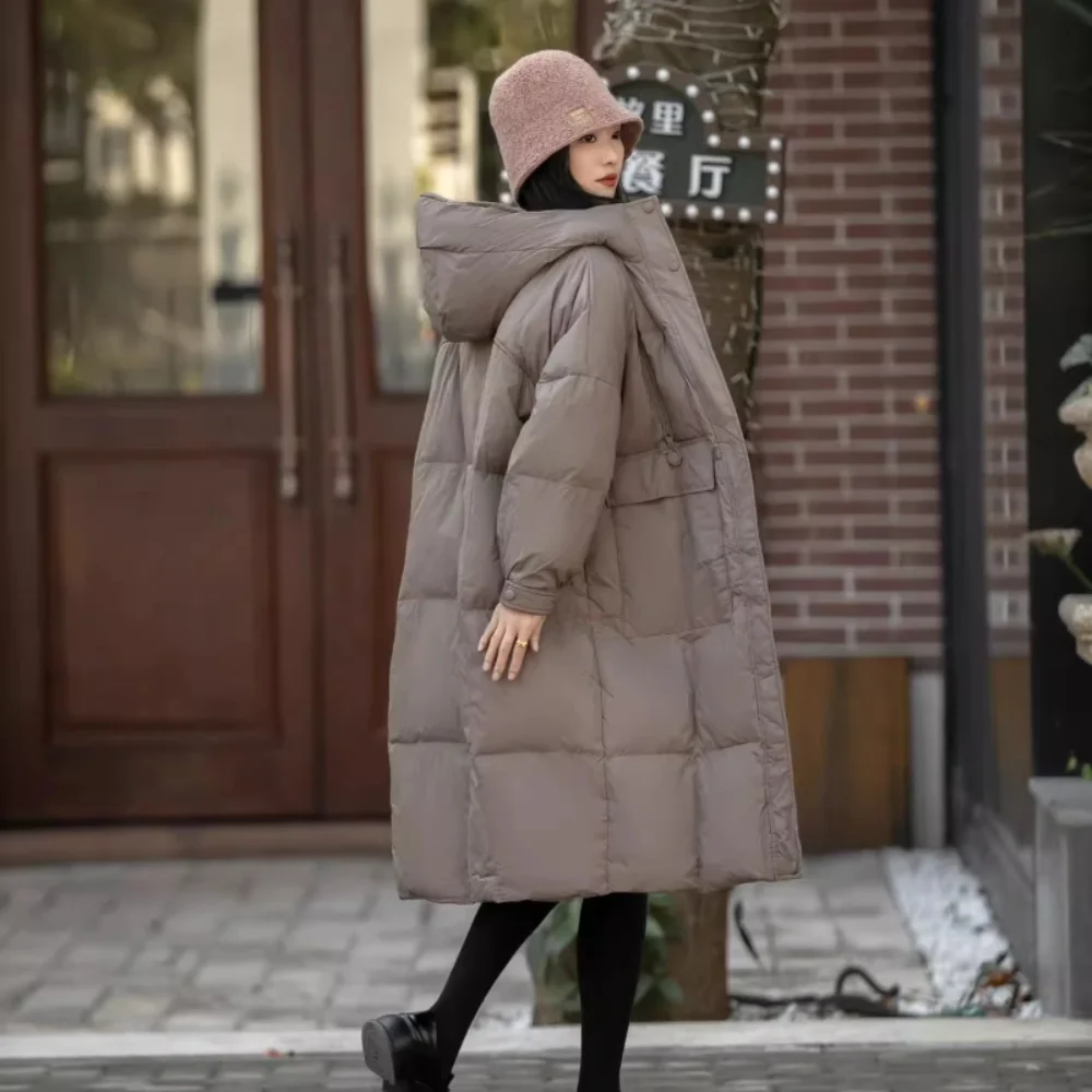 

Women's Winter Coats 2024 Solid Color Long Down Coats Hooded Vintage Thick Warm 90% White Duck Down Oversize Woman Coat