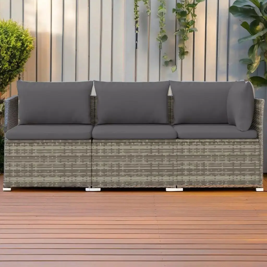 3-Piece Gray Poly Rattan Patio Lounge Set with Cushions - Stylish Outdoor Furniture