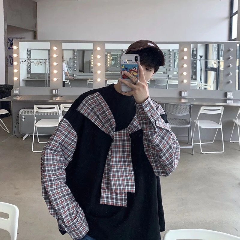 

Fake Two Long Sleeve O Neck Men Sweatshirt Plaid Print Spliced Oversized Pullovers Korean Fashion Harajuku Teenagers T Shirt Top