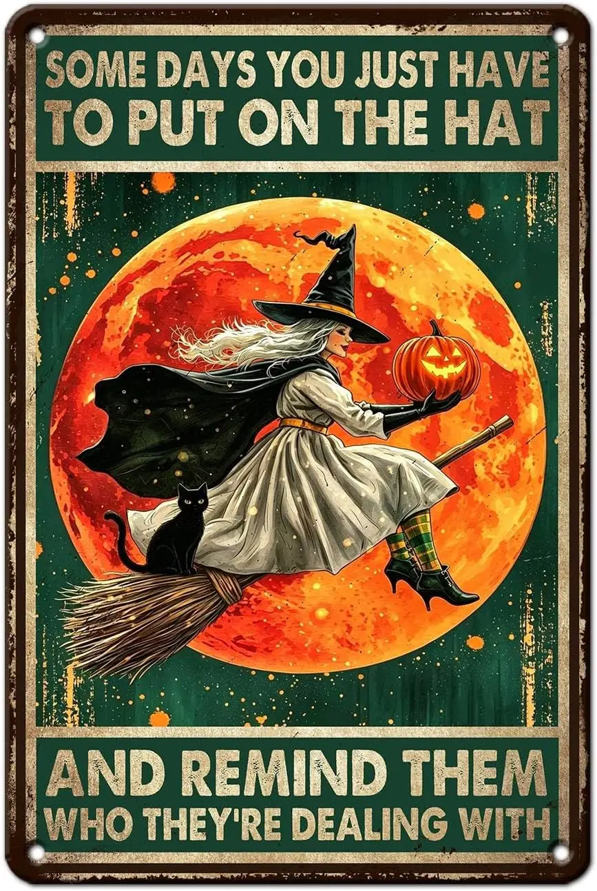 Witch Happy Halloween Metal Tin Sign Who They're Dealing With Vintage Wall Art for Hotel Bedroom Office Dining Room Kitchen