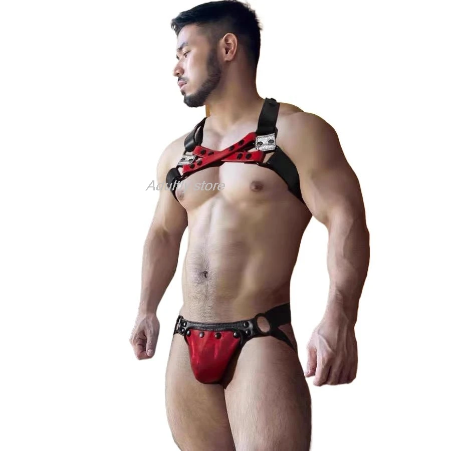 Sexy harness men Genu Leather BDSM Bondage Chest Harness Corset Fashion Leather Lingeire Erotic Hombre Hollow Gay Clothing