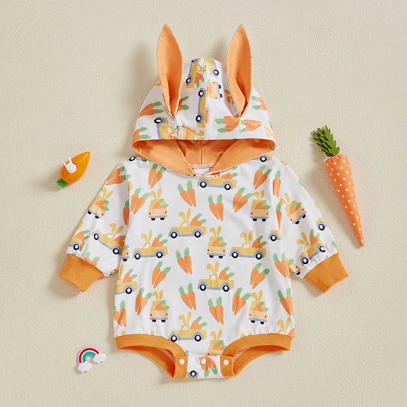 2024-12-12 Lioraitiin Newborn Baby Easter Romper Spring Long Sleeve Truck Carrot Print Hooded Bodysuit Playsuit with Rabbit Ears