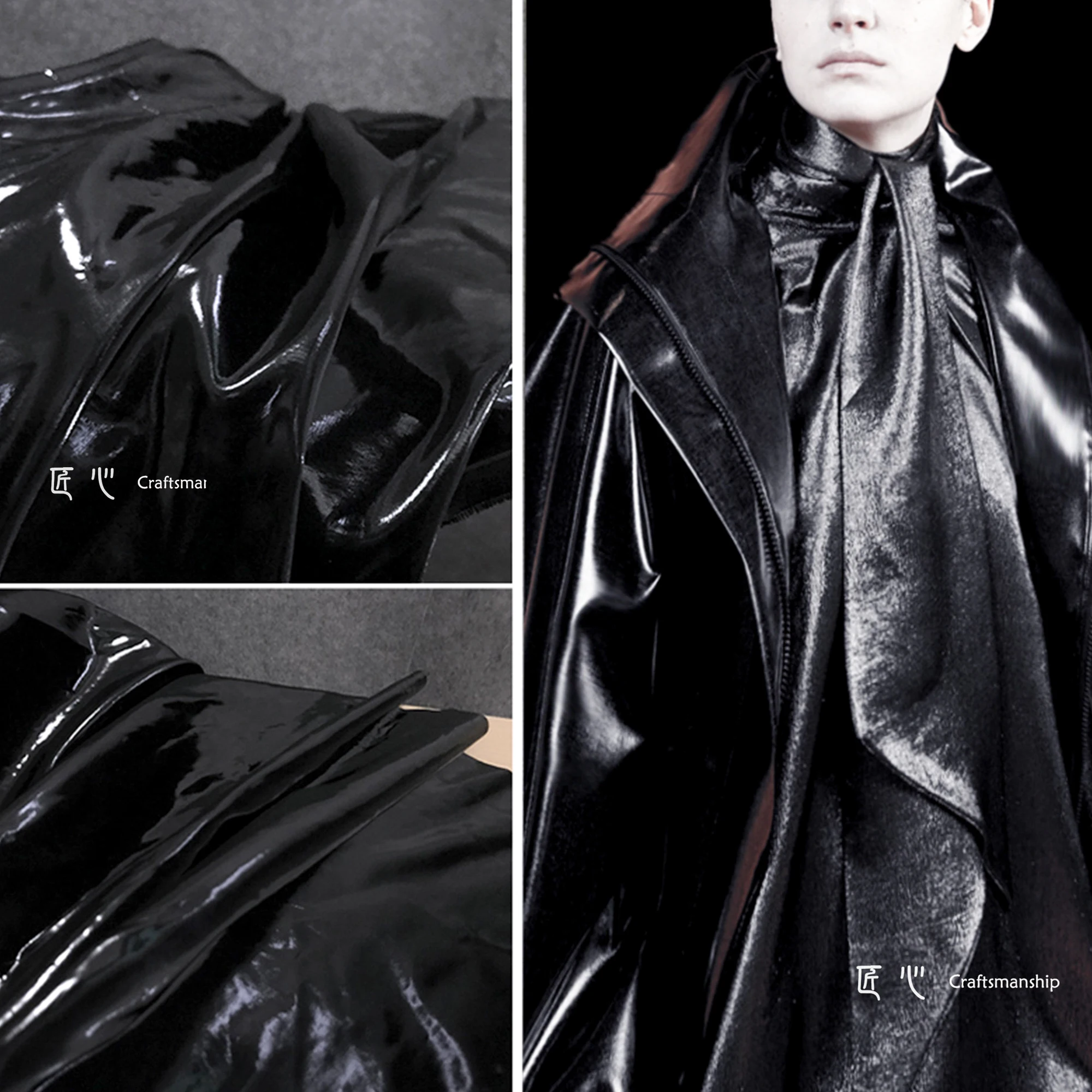 Black Pandora Leather, Tinsel Shimmer Jacket, Trench Coat, Suit Bag, Clothing Designer Fabric