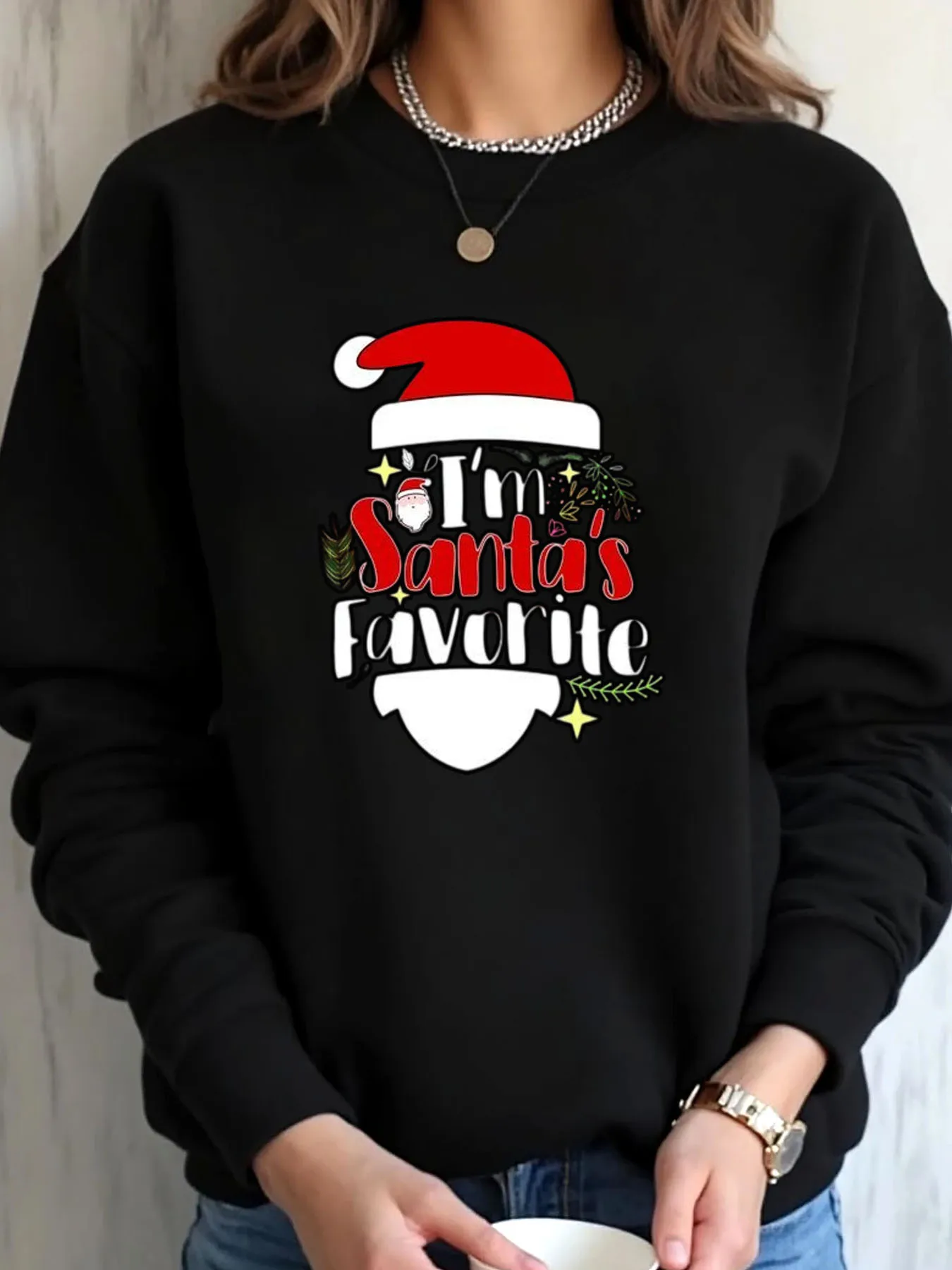 

Women Oversized Sweatshirt Christmas Santa Hat I'm Santas Favorite Print Outdoor Wear