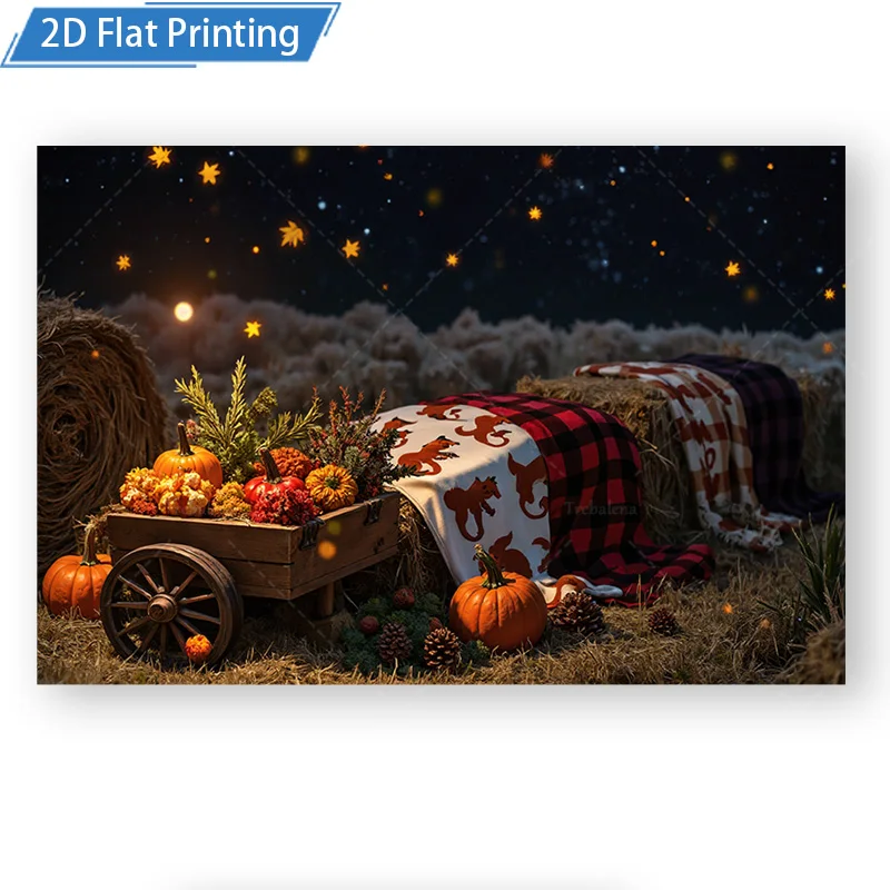 [2D شقة] 1 قطعة 4x16 بوصة علامة معدنية مشهد حصاد الخريف جدار معدني الفن مع القرع القش بالات وديكور السماء الليلية المرصعة بالنجوم