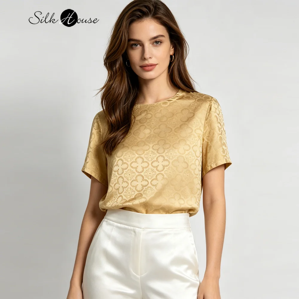 

2026 Women's Fashion Summer New Yellow Clover Printed 100% Natural Mulberry Silk Satin Round Neck Short Sleeve T-shirt