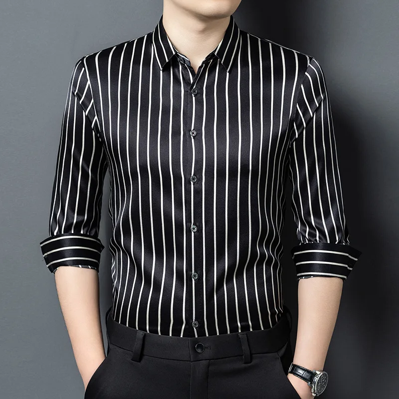 Men Spring Autumn Mulberry Silk Long Sleeve Shirt Male Dad Business Casual Silk Shirt