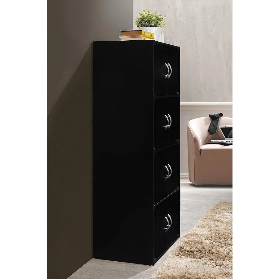 خزانة كتب سوداء حديثة، وحدة تخزين ذات 8 أبواب و4 طبقات، ورف خشبي عالي التحمل مع أجهزة تثبيت.