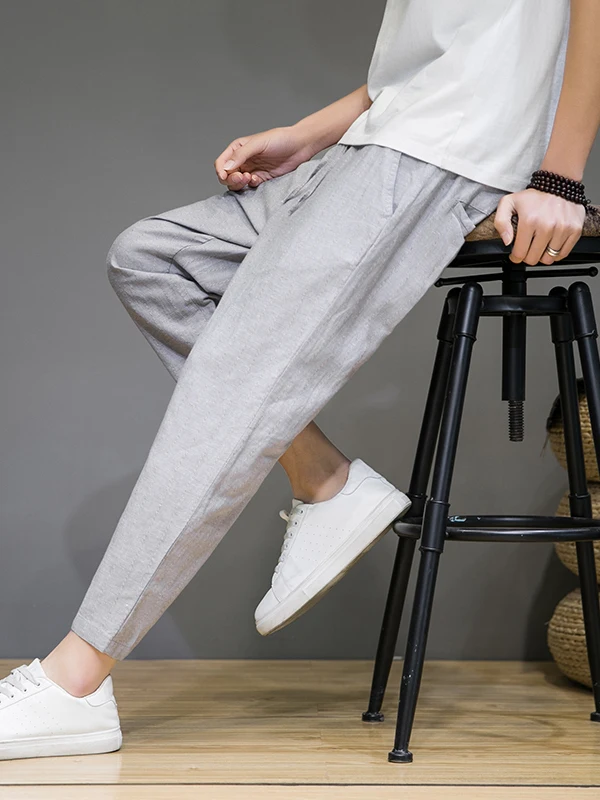 

Men's Retro Slim Fit Linen Cotton Casual Pants Summer Thin Drawstring Elastic Waist Long Trousers Nine Points Cone Pants