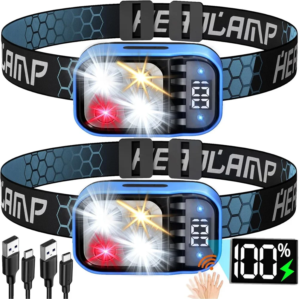 Rechargeable Headlamp Flashlight Bright LED Waterproof Motion Sensor Headlights Emergency Head Lamp Camping Fishing Head Light