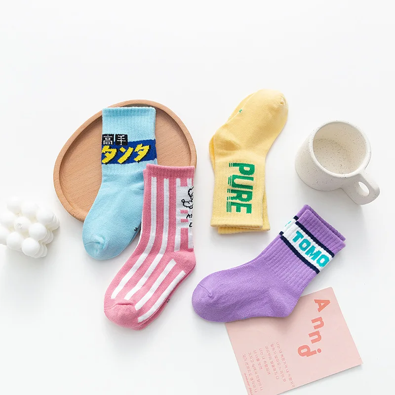 4 Pairs Combed Cotton Mid-Crew Socks for Kids Boys Girls A-Class Baby Socks Autumn Winter New Fashion Children Socks Set
