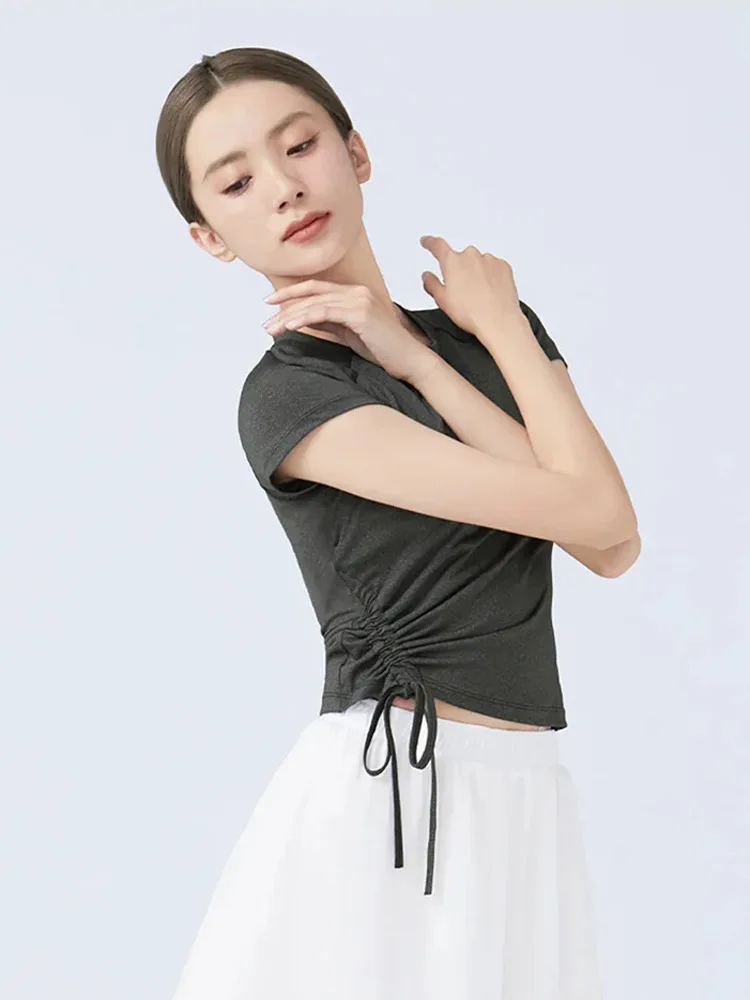 Solid Color Drawstring Slim Fit Ballet Top – Short Sleeve Round Neck Dance Shirt for Women Performance Practice