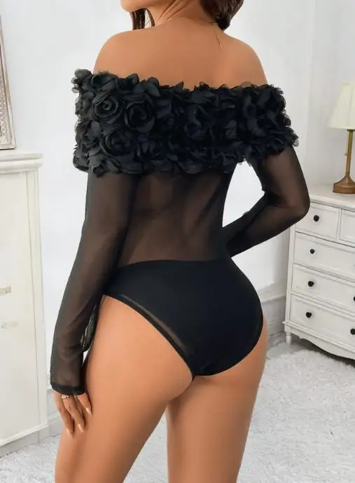 2025 جديد طويل الأكمام حفلة فتاة حار مثير منظور شبكة قبالة الكتف ثلاثية الأبعاد زهرة بلون ضيق بذلة