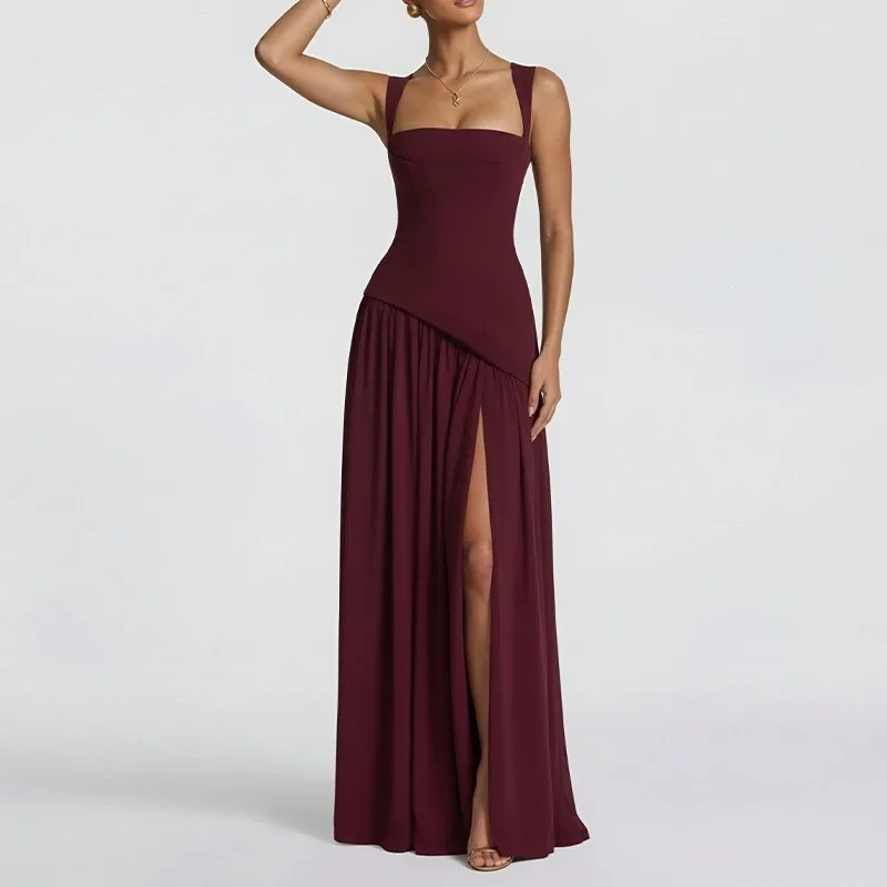 Women's Elegant Pleated Bodycon Dress for Wedding Guest Summer Party – Long High Waist V Neck Sleeveless Slit Solid Dress