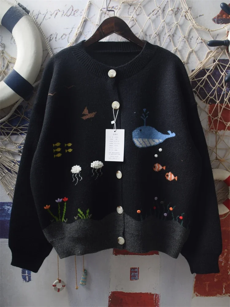 

Japanese Vintage Knitted Cardigan Women's Autumn Winter Hand-painted Graffiti Hook Floral Embroidery Sweater Coat Female Clothes